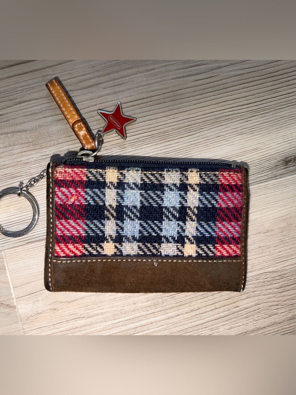 Coach Tartan Wool Mini Skinny Case Coin Purse Wallet Suede Tweed Zipper